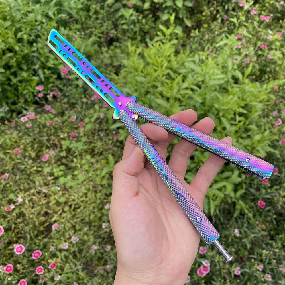 Stainless Steel Rainbow Color Scorpion Relief Blunt Blade Balisong Butterfly Knife Trainer