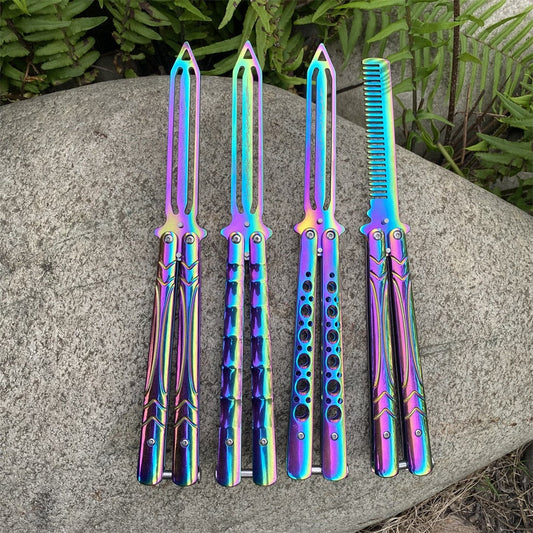 Stainless Steel Blunt Blade Rainbow Color Sword Head Comb Balisong Training Knife EDC