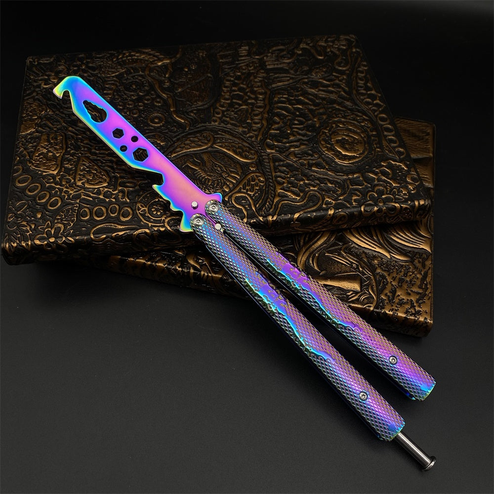 Stainless Steel Rainbow Color Scorpion Relief Blunt Blade Balisong Butterfly Knife Trainer
