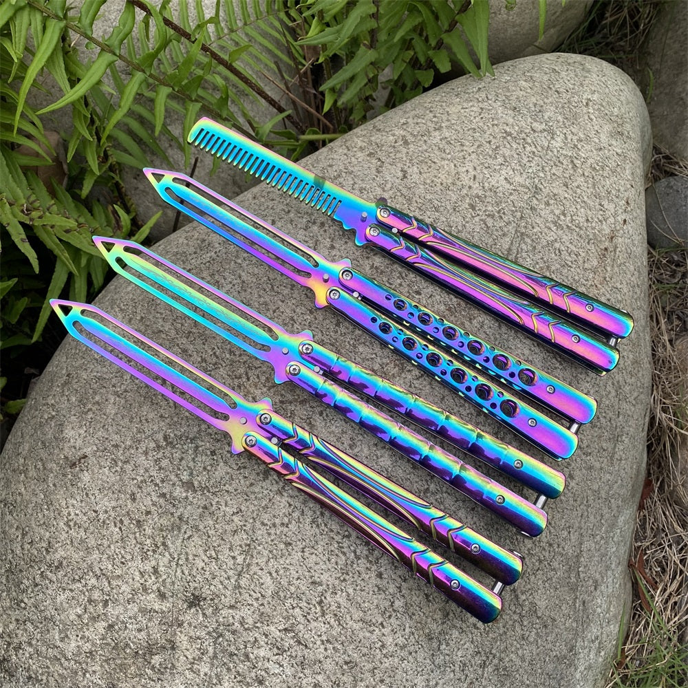 Stainless Steel Blunt Blade Rainbow Color Sword Head Comb Balisong Training Knife EDC