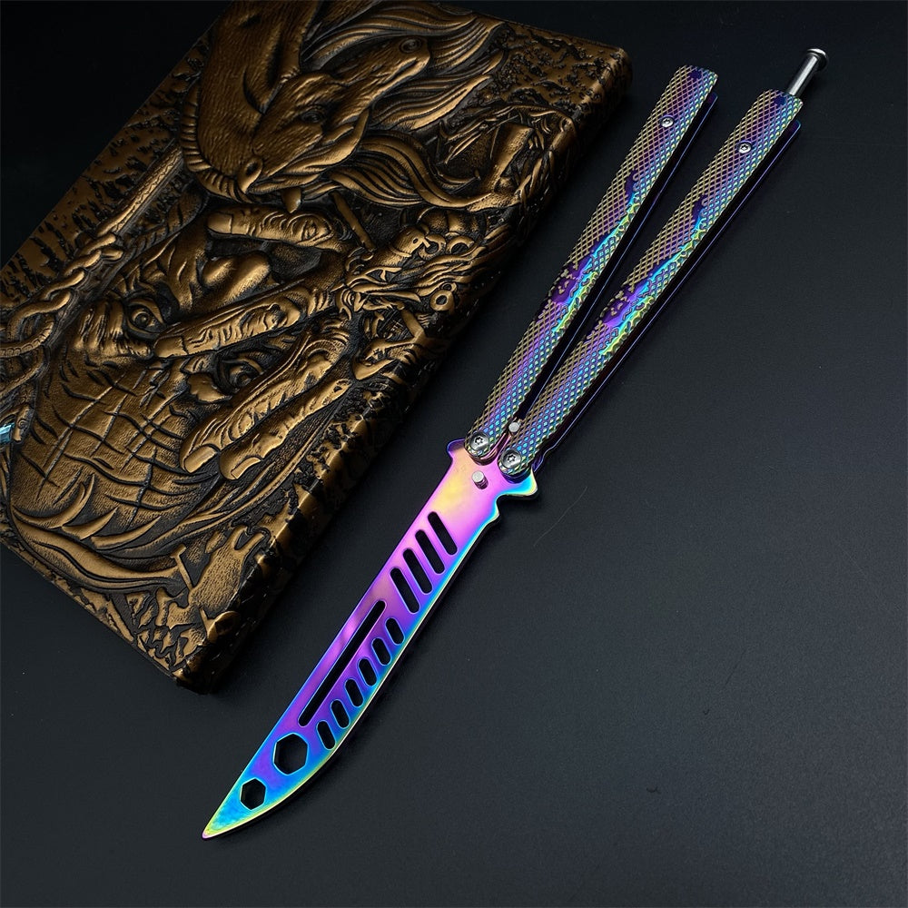 Stainless Steel Rainbow Color Scorpion Relief Blunt Blade Balisong Butterfly Knife Trainer
