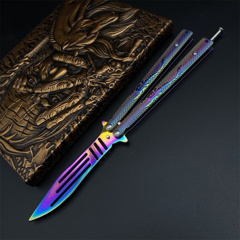 Stainless Steel Rainbow Color Scorpion Relief Blunt Blade Balisong Butterfly Knife Trainer