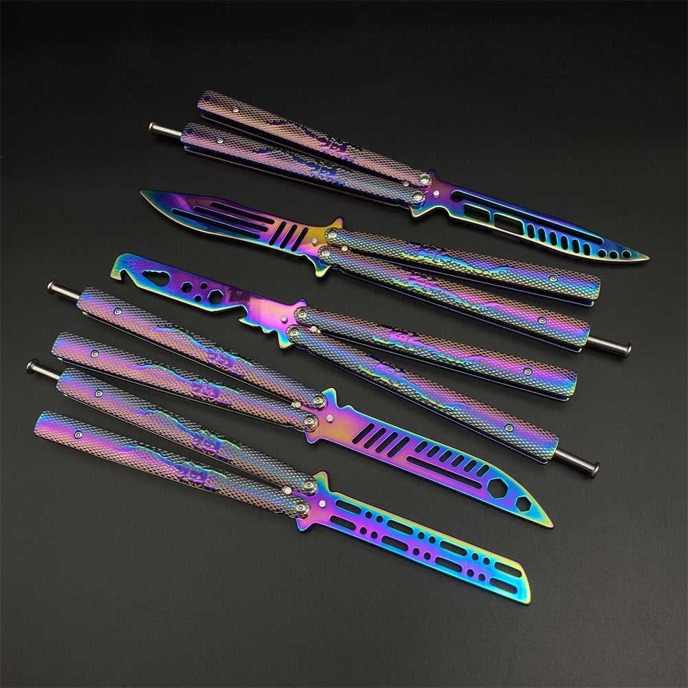 Stainless Steel Rainbow Color Scorpion Relief Blunt Blade Balisong Butterfly Knife Trainer