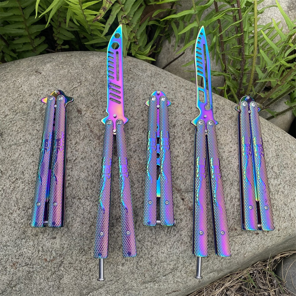 Stainless Steel Rainbow Color Scorpion Relief Blunt Blade Balisong Butterfly Knife Trainer