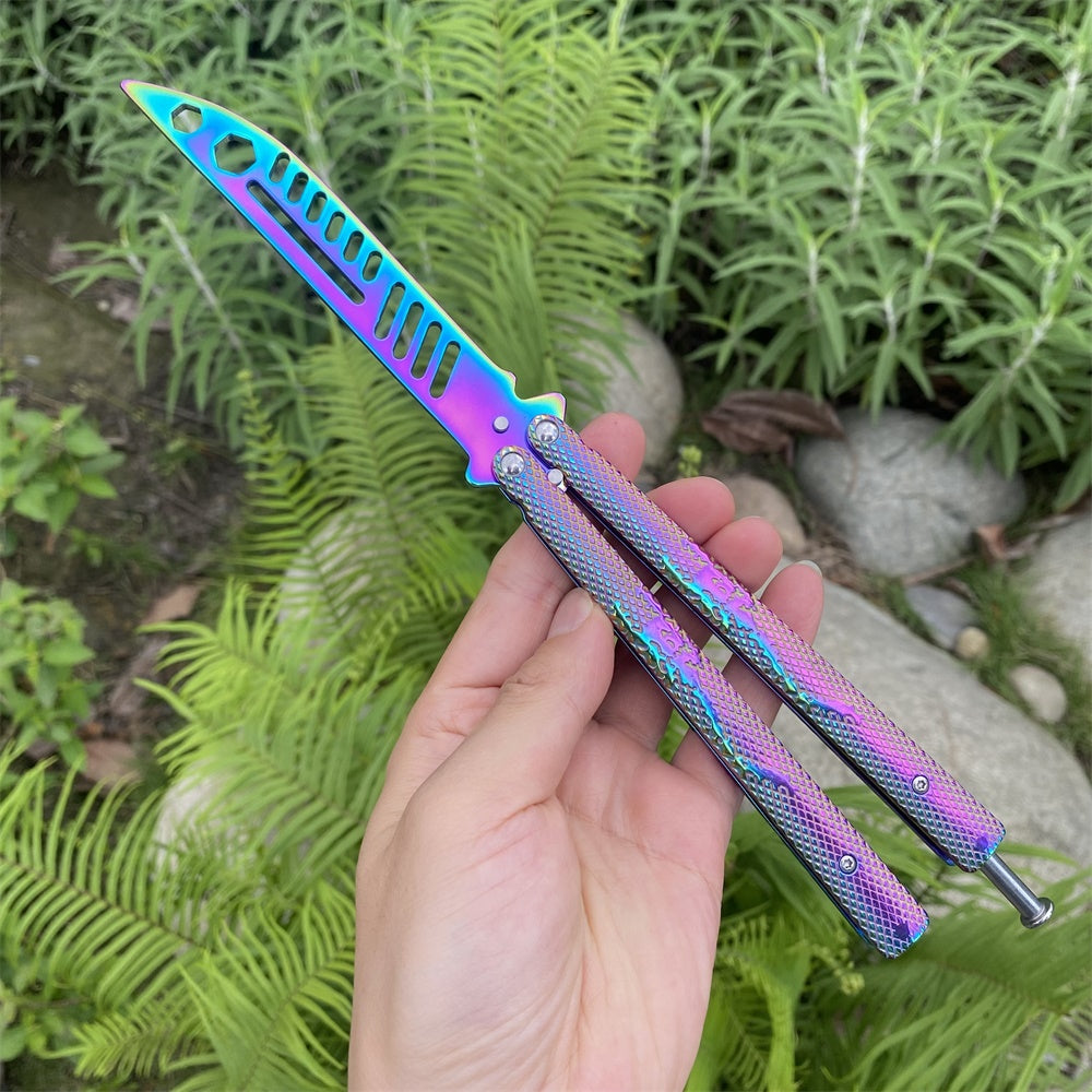 Stainless Steel Rainbow Color Scorpion Relief Blunt Blade Balisong Butterfly Knife Trainer