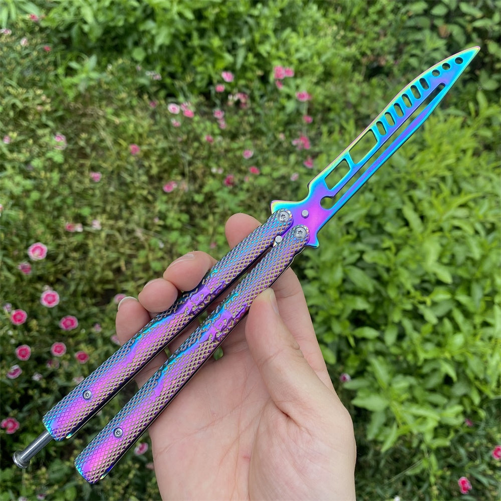 Stainless Steel Rainbow Color Scorpion Relief Blunt Blade Balisong Butterfly Knife Trainer