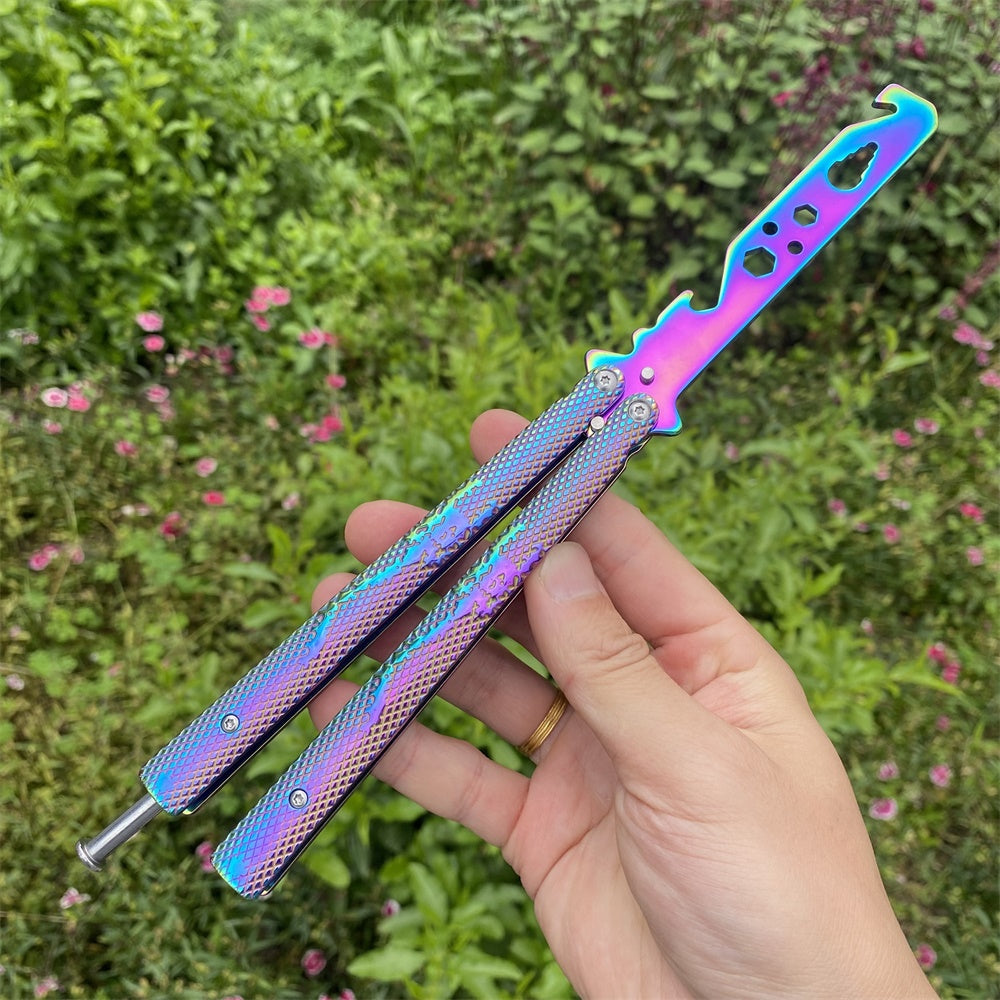Stainless Steel Rainbow Color Scorpion Relief Blunt Blade Balisong Butterfly Knife Trainer