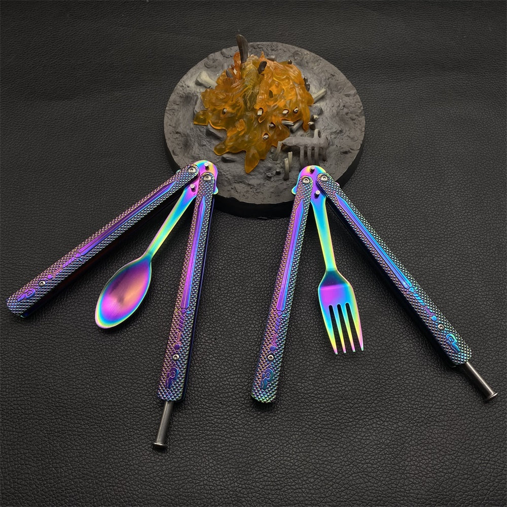 Stainless Steel Rainbow Fork Spoon Balisong Butterfly Trainer