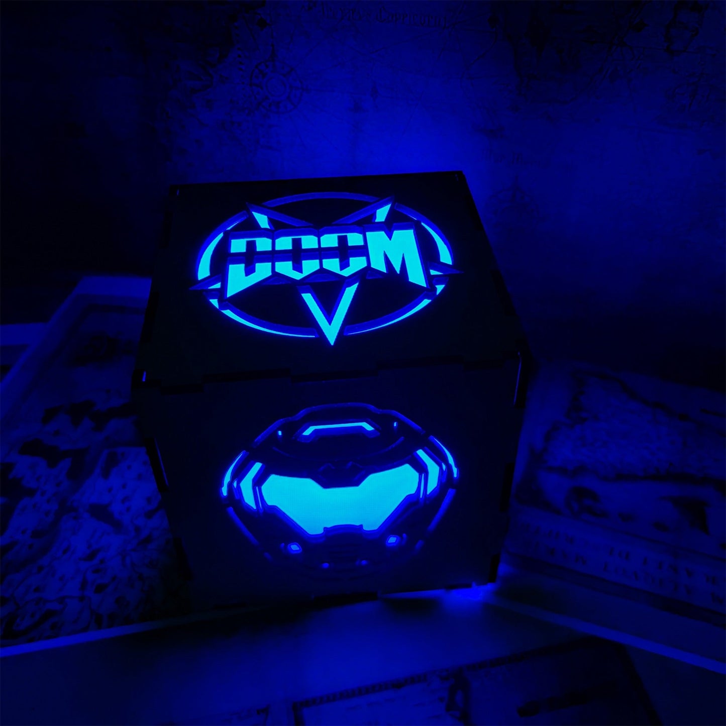 Doomguy Helmet Satan Pattern Wood Cube Light Desk Decor