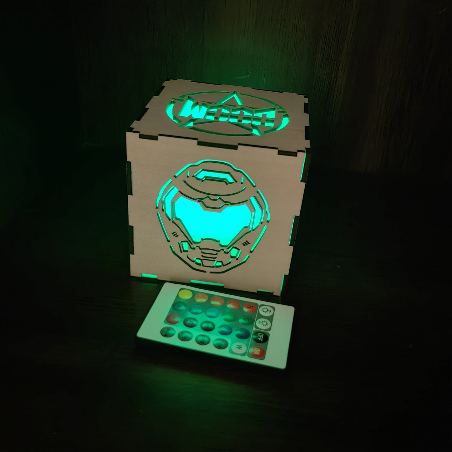 Doomguy Helmet Satan Pattern Wood Cube Light Desk Decor