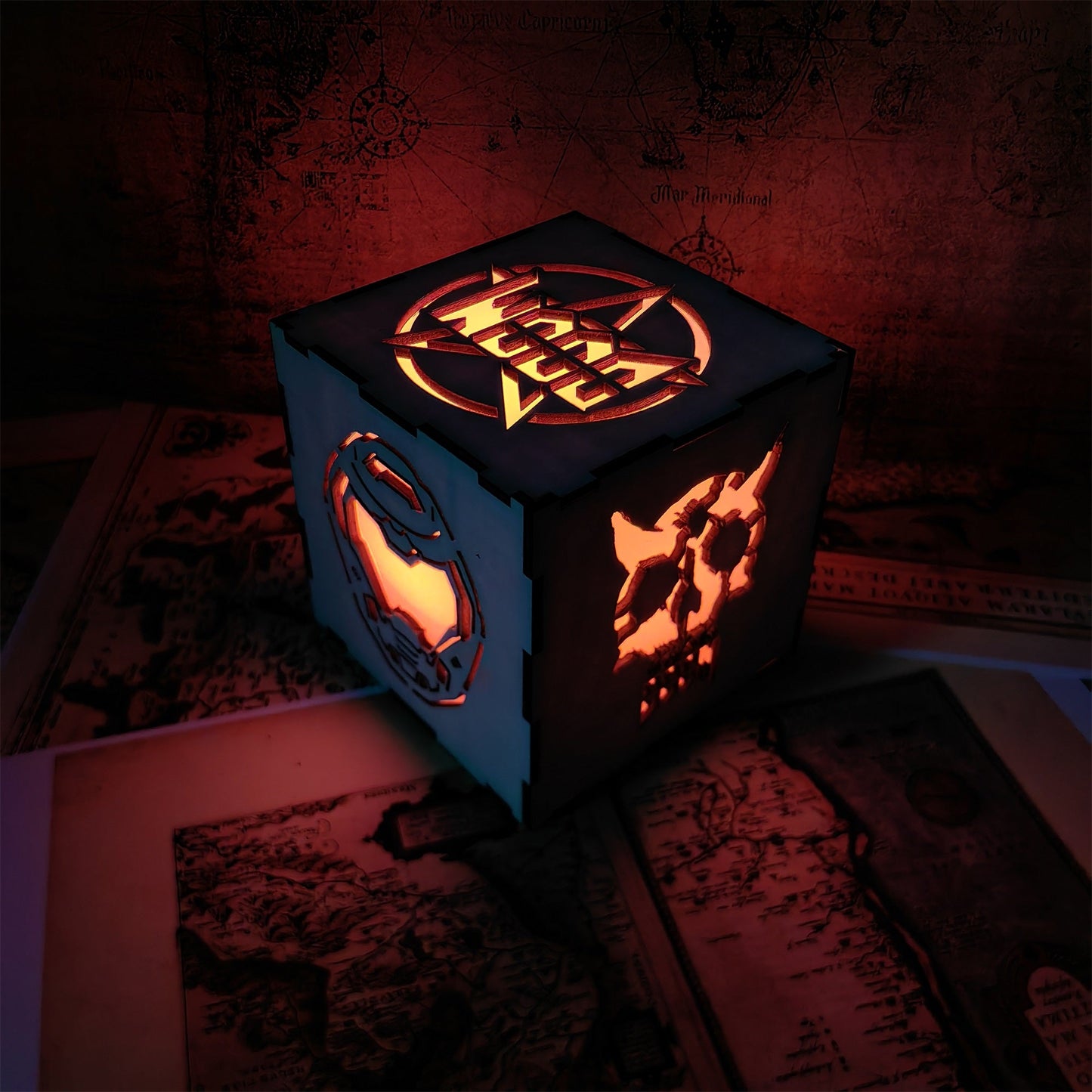 Doomguy Helmet Satan Pattern Wood Cube Light Desk Decor