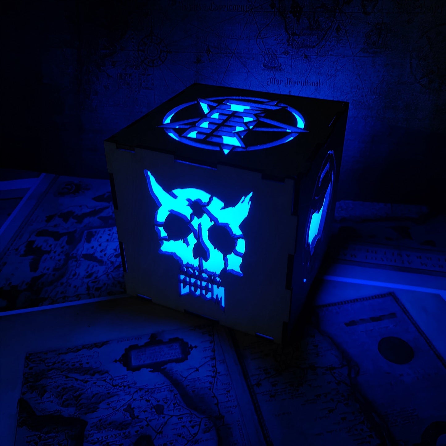 Doomguy Helmet Satan Pattern Wood Cube Light Desk Decor