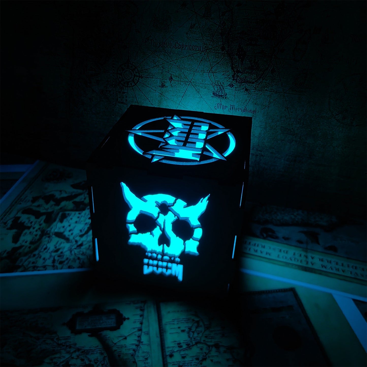 Doomguy Helmet Satan Pattern Wood Cube Light Desk Decor