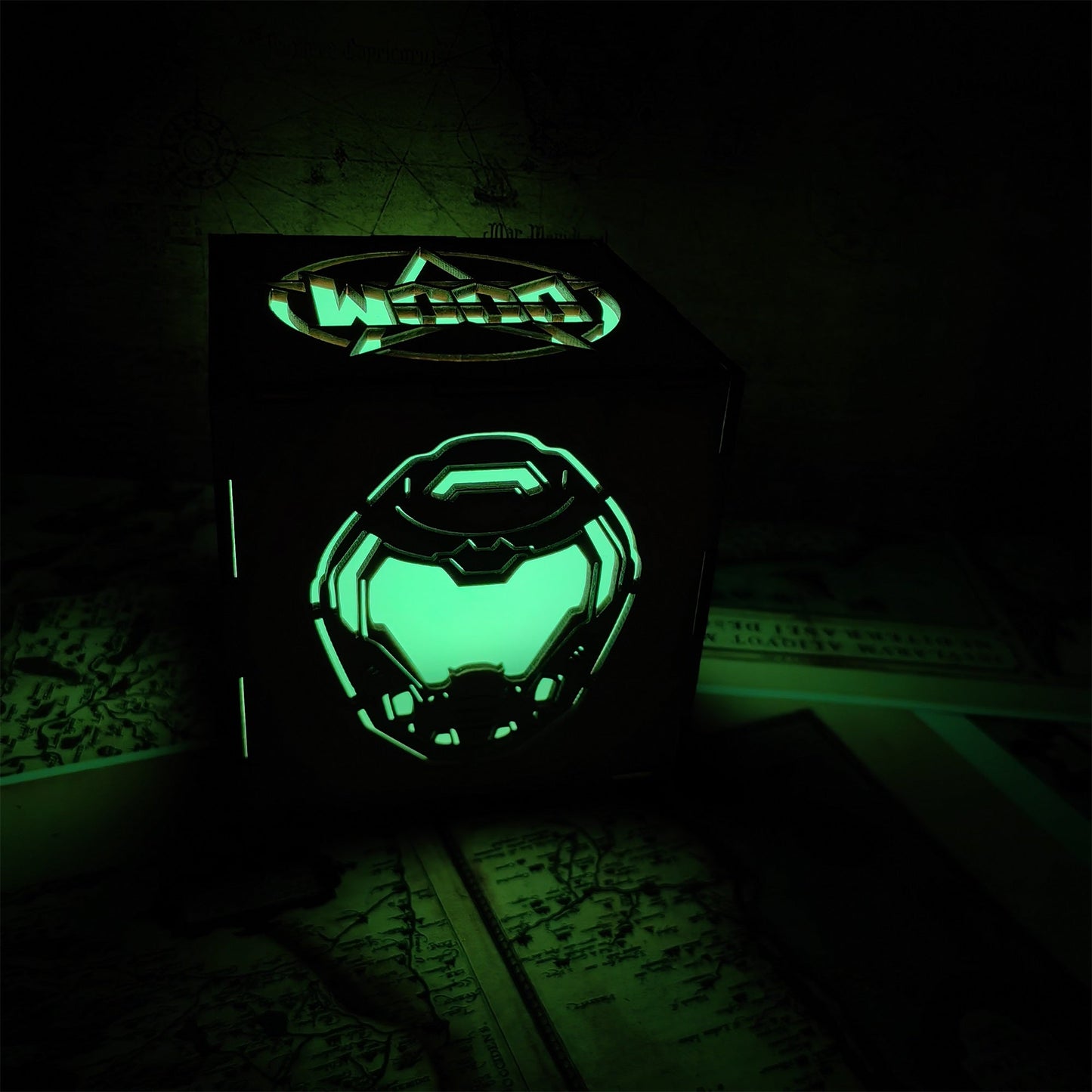 Doomguy Helmet Satan Pattern Wood Cube Light Desk Decor