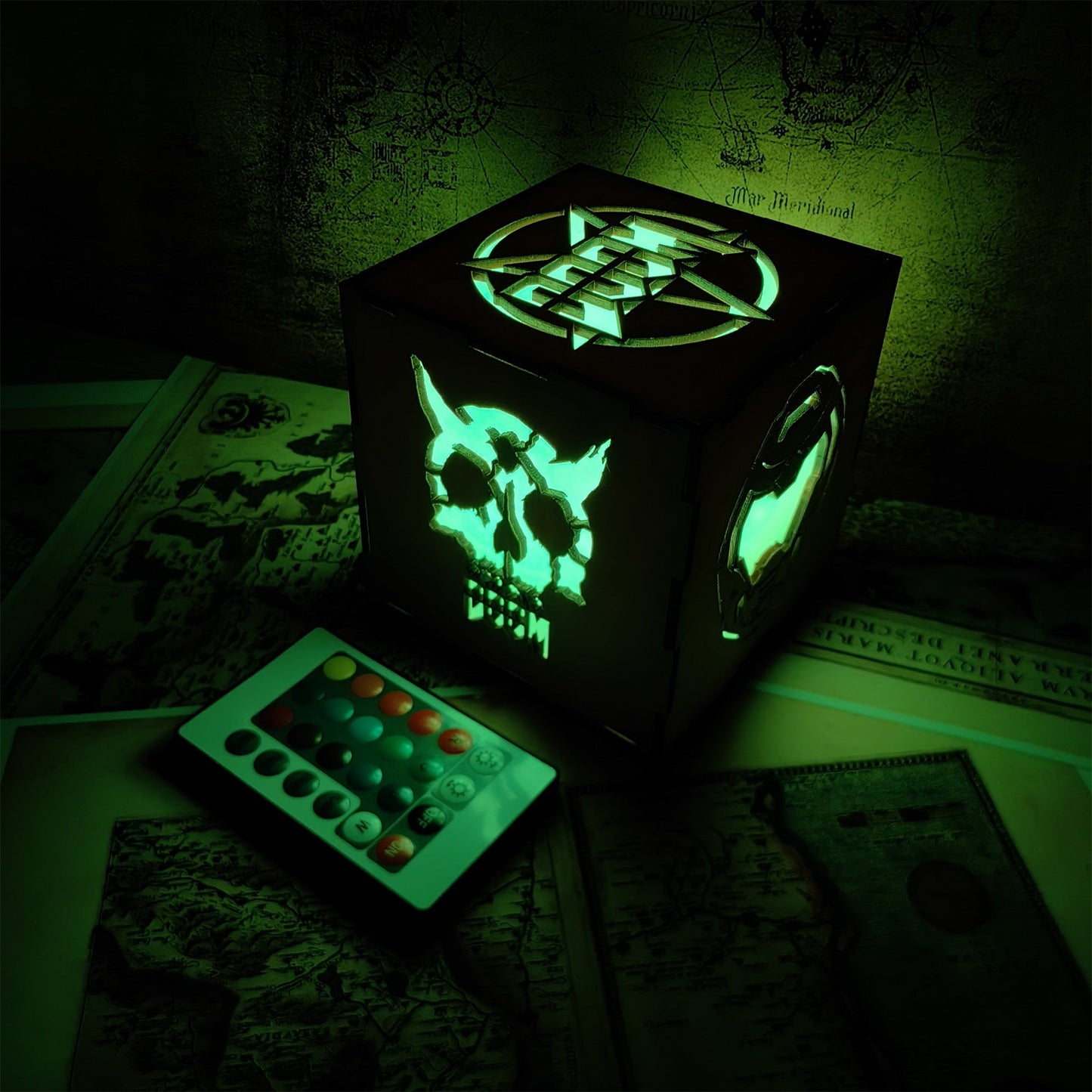 Doomguy Helmet Satan Pattern Wood Cube Light Desk Decor