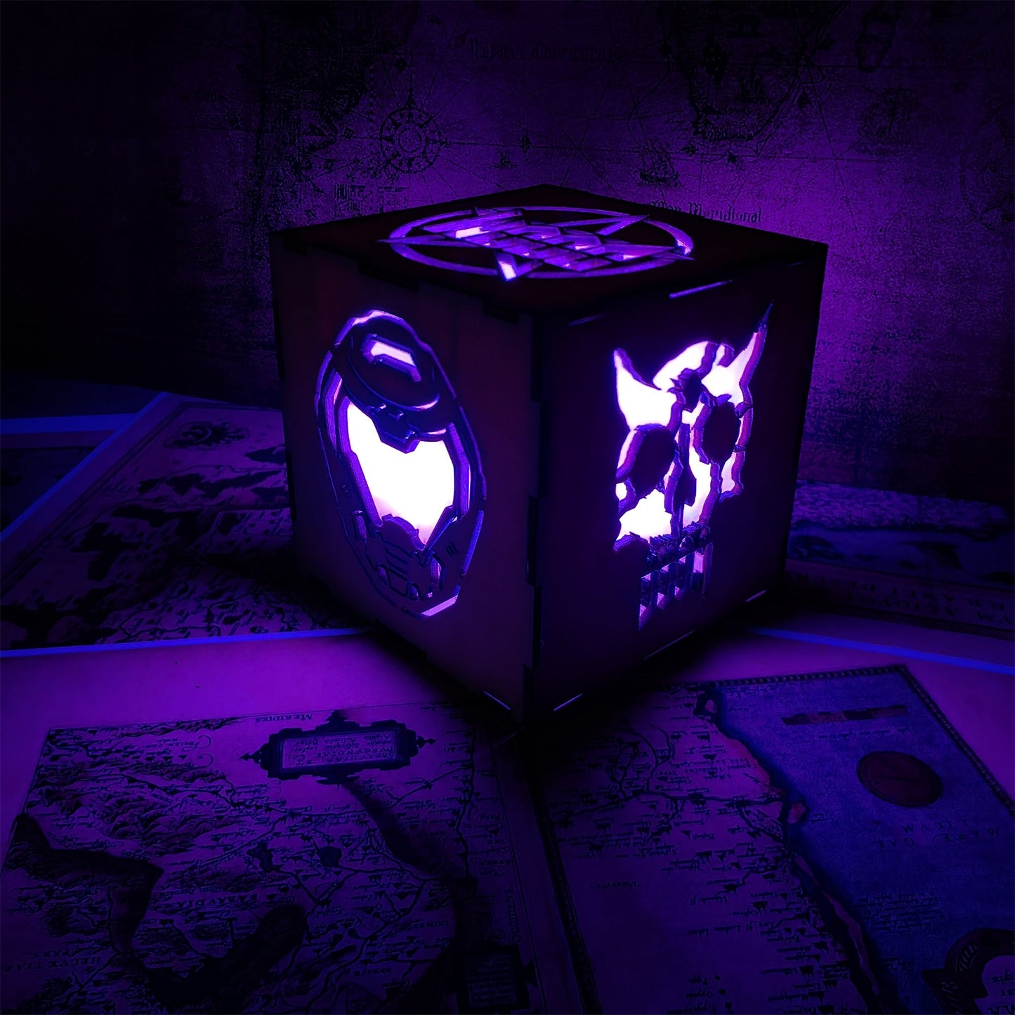 Doomguy Helmet Satan Pattern Wood Cube Light Desk Decor