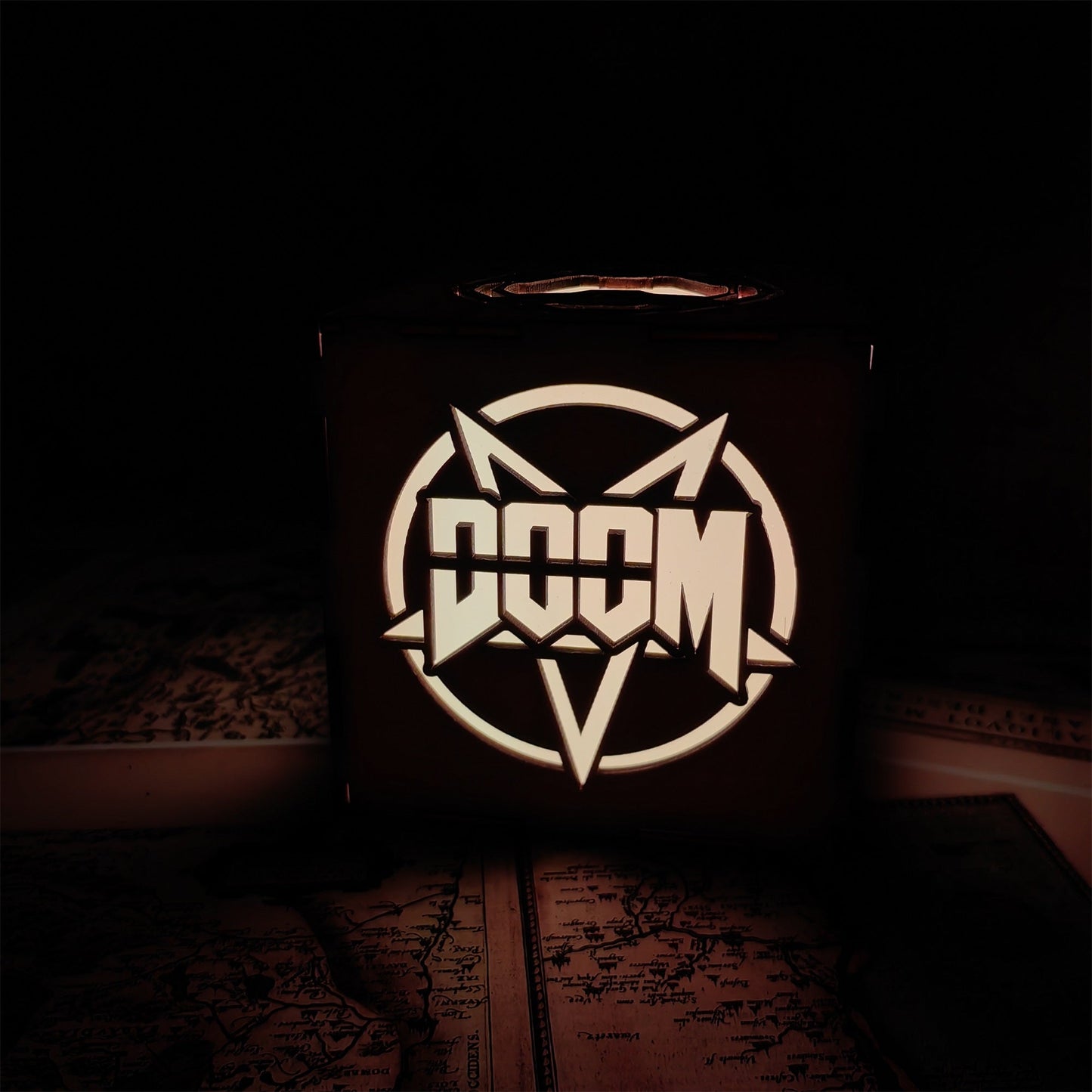 Doomguy Helmet Satan Pattern Wood Cube Light Desk Decor