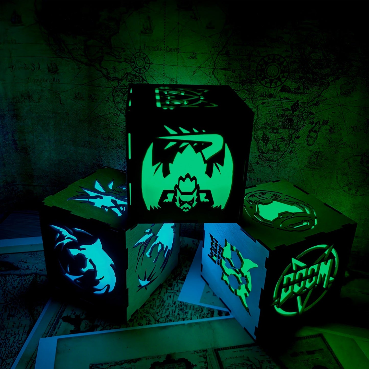 Doomguy Helmet Satan Pattern Wood Cube Light Desk Decor