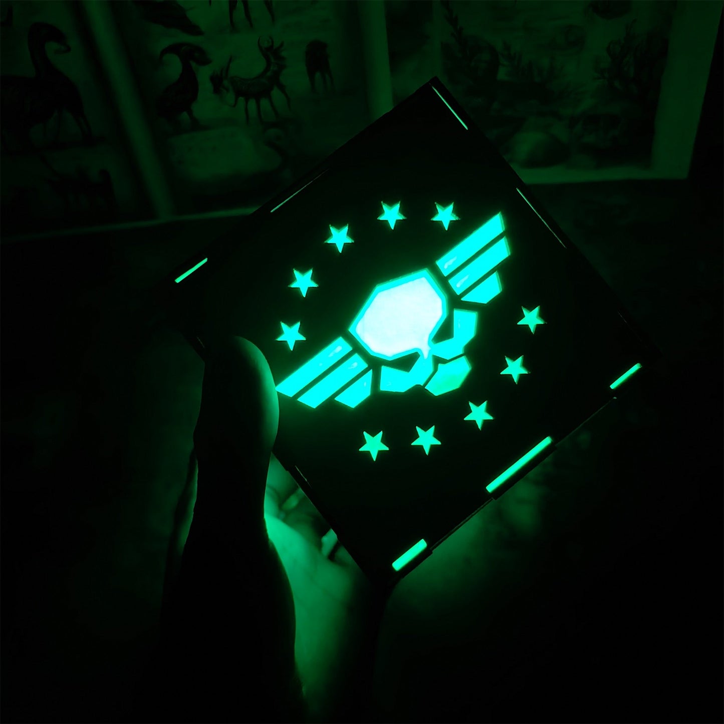 Winged Skull Badge Wood Cube Light Desk Decor