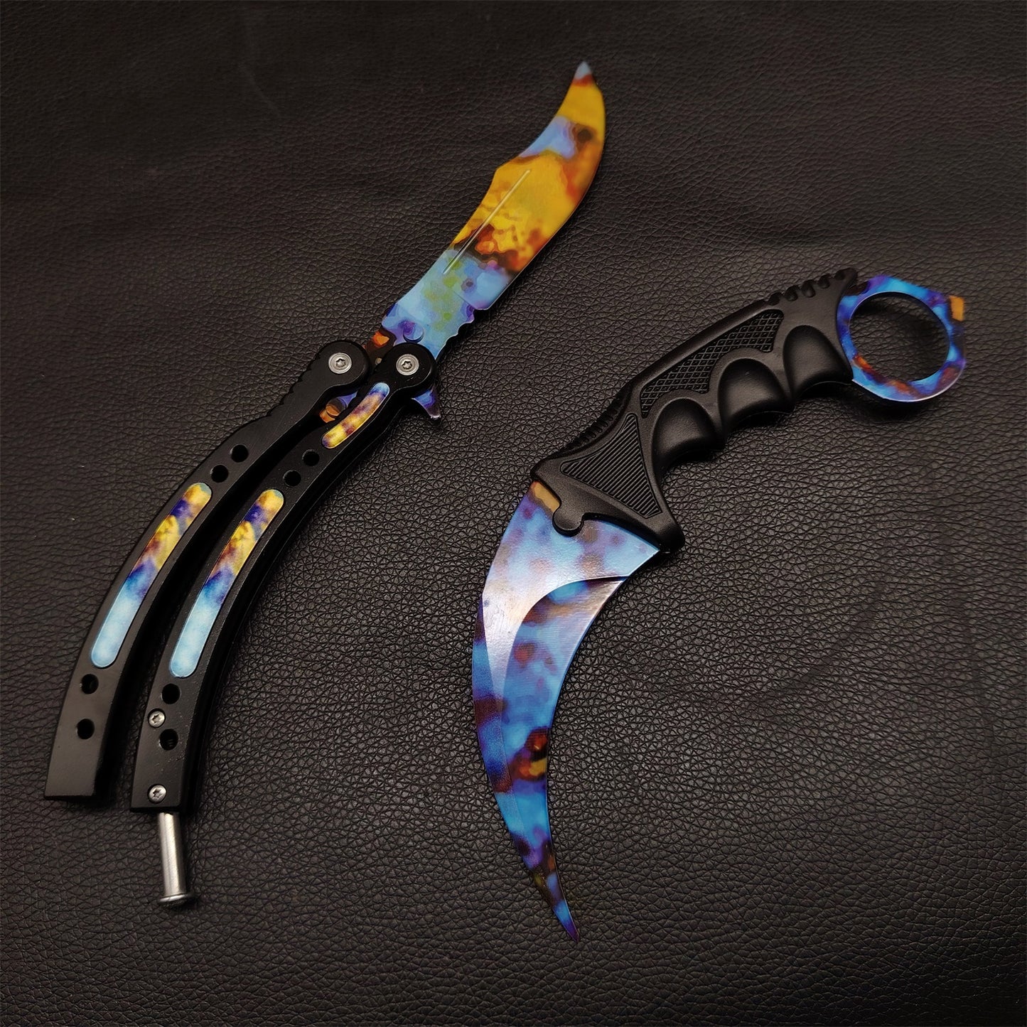 Case Hardened Blunt Blade Karambit Trainer & Balisong Butterfly Knife Trainer 2 in 1 Pack Gift Box
