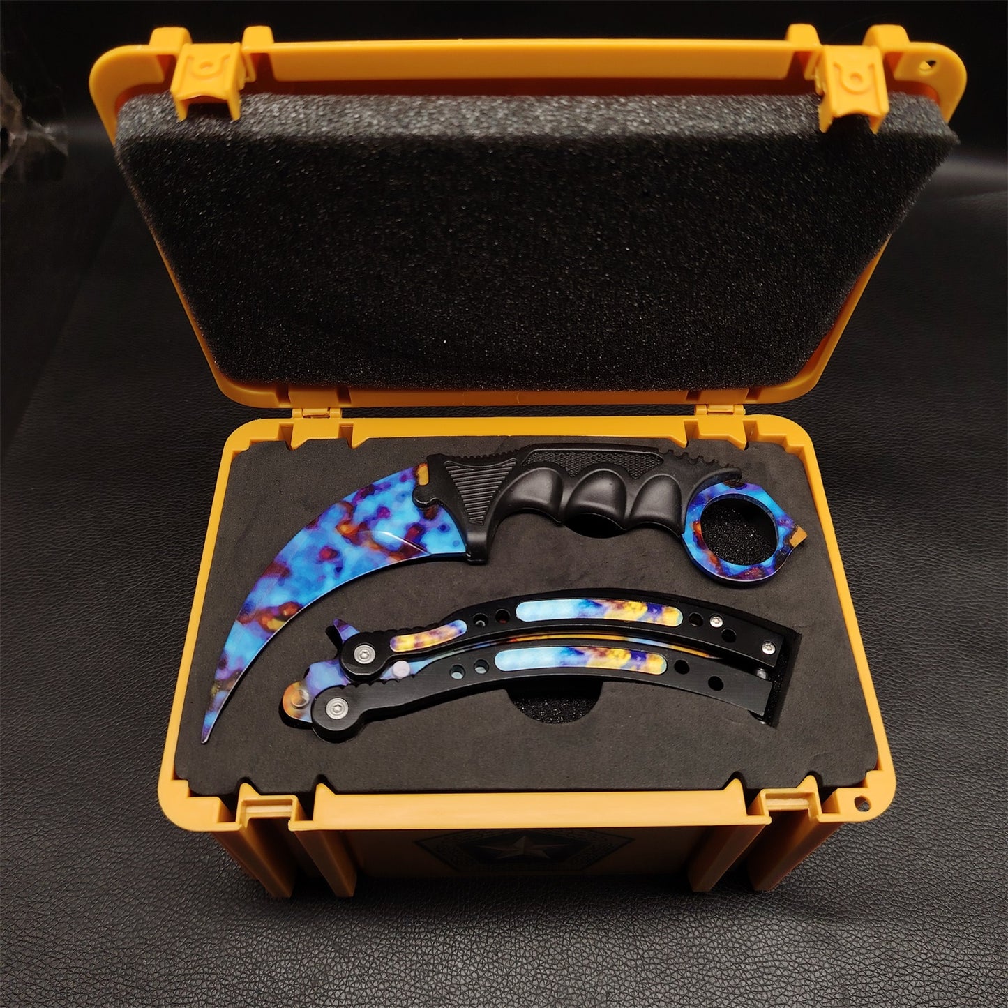 Case Hardened Blunt Blade Karambit Trainer & Balisong Butterfly Knife Trainer 2 in 1 Pack Gift Box
