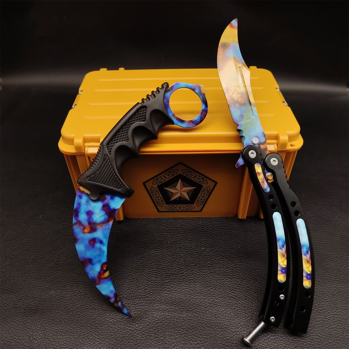 Case Hardened Blunt Blade Karambit Trainer & Balisong Butterfly Knife Trainer 2 in 1 Pack Gift Box