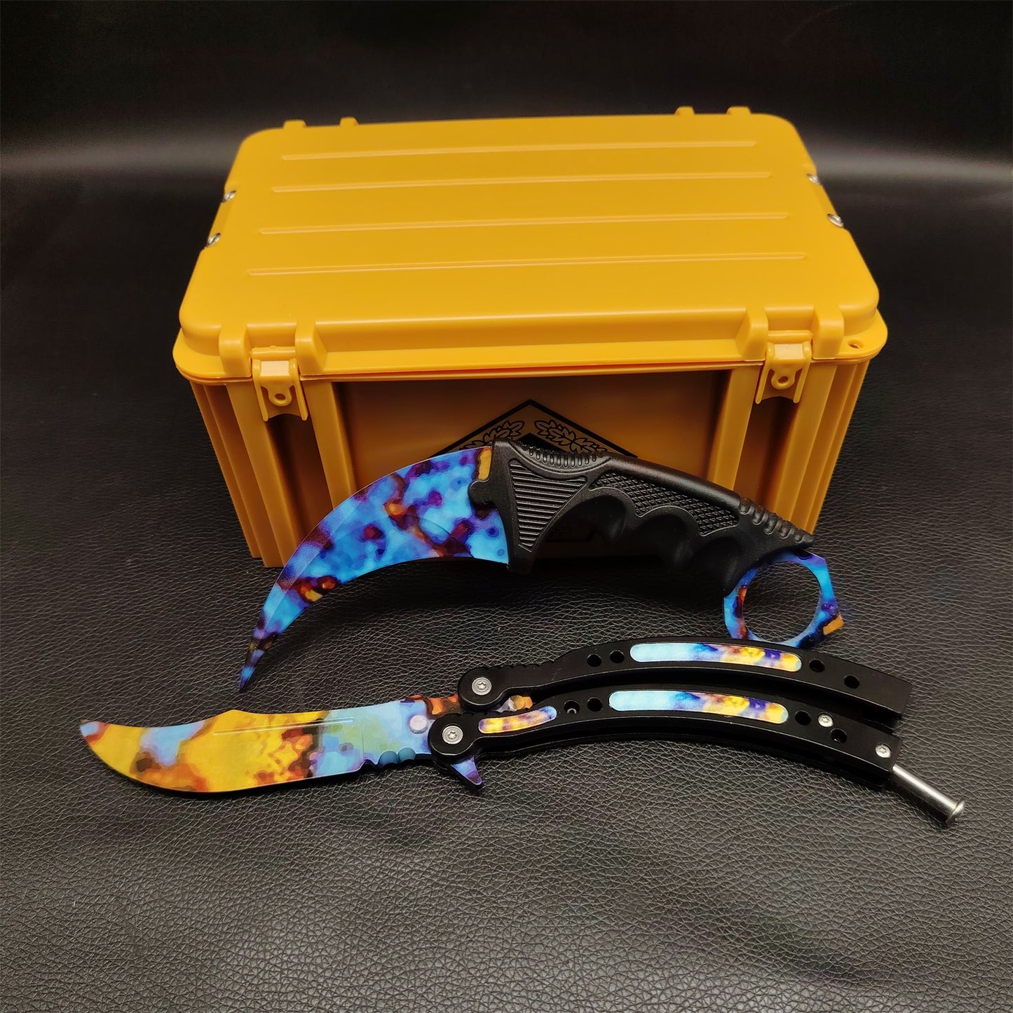 Case Hardened Blunt Blade Karambit Trainer & Balisong Butterfly Knife Trainer 2 in 1 Pack Gift Box