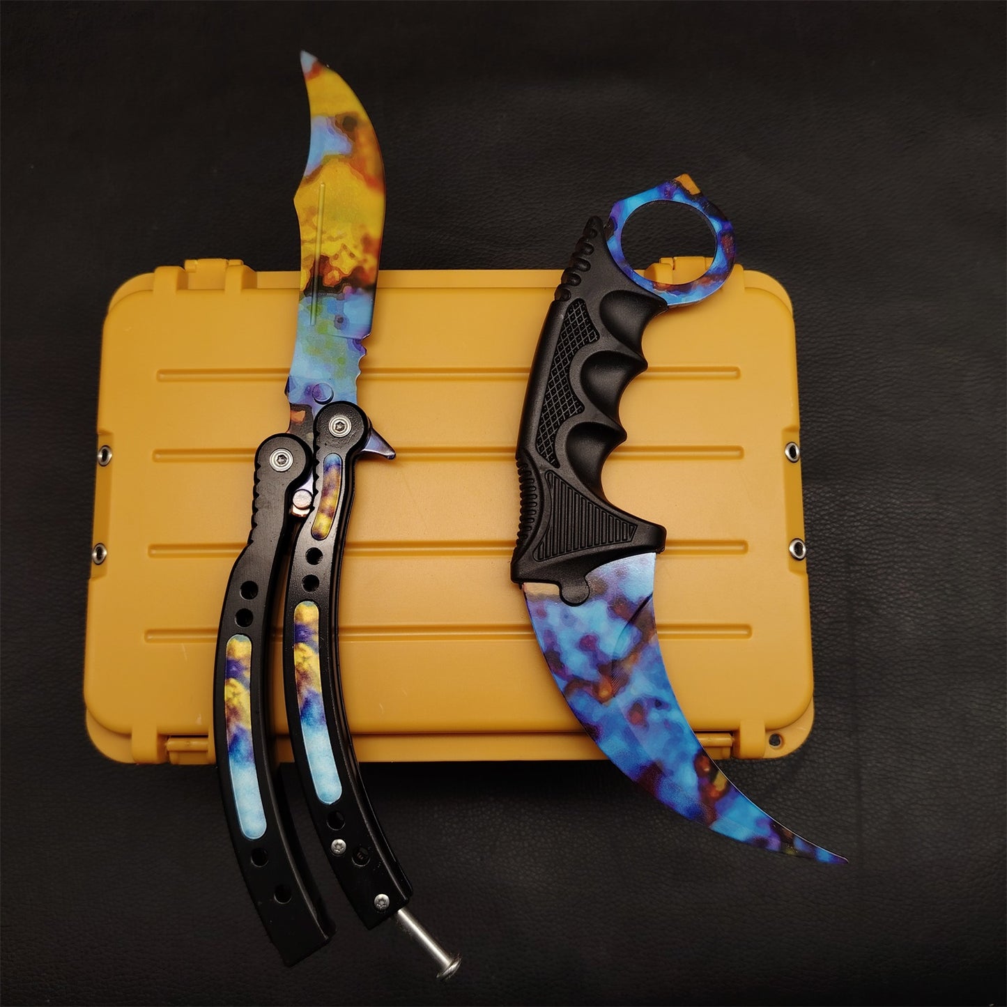 Case Hardened Blunt Blade Karambit Trainer & Balisong Butterfly Knife Trainer 2 in 1 Pack Gift Box