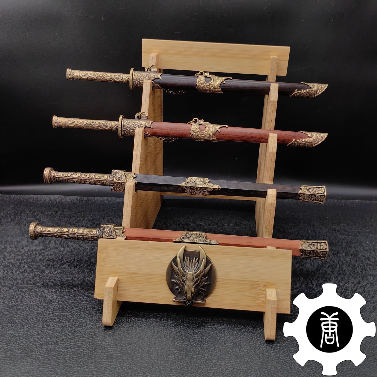 Dragon Head 4-Layer Wooden Holder Dagger Short Sword Display Stand