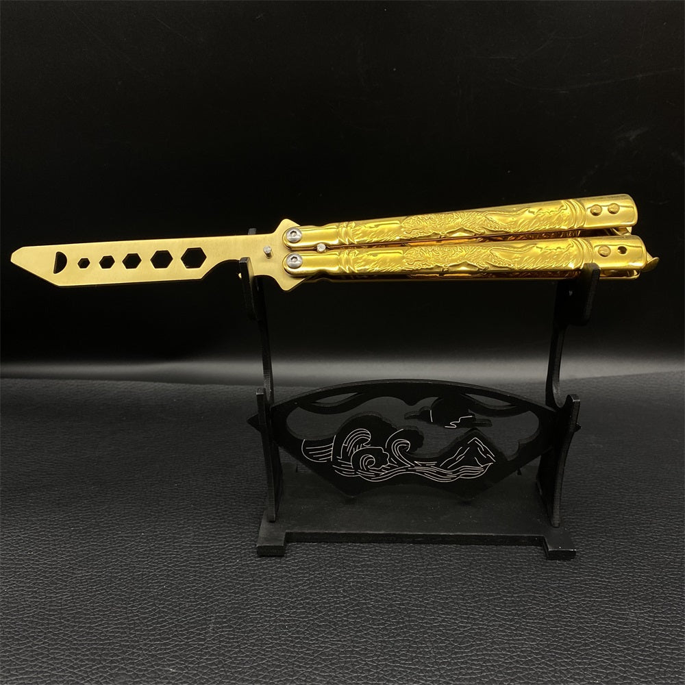 Golden Plated Blunt Blade 3D Tiger Sculpture Rocket Butterfly Knife Trainer