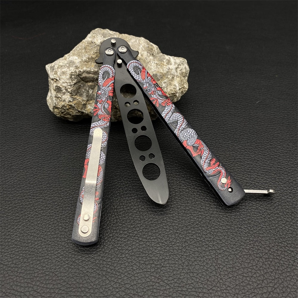 Stainless Steel Colorful 3D Dragon Sculpture Balisong Trainer Blunt Blade Butterfly Knife Trainer