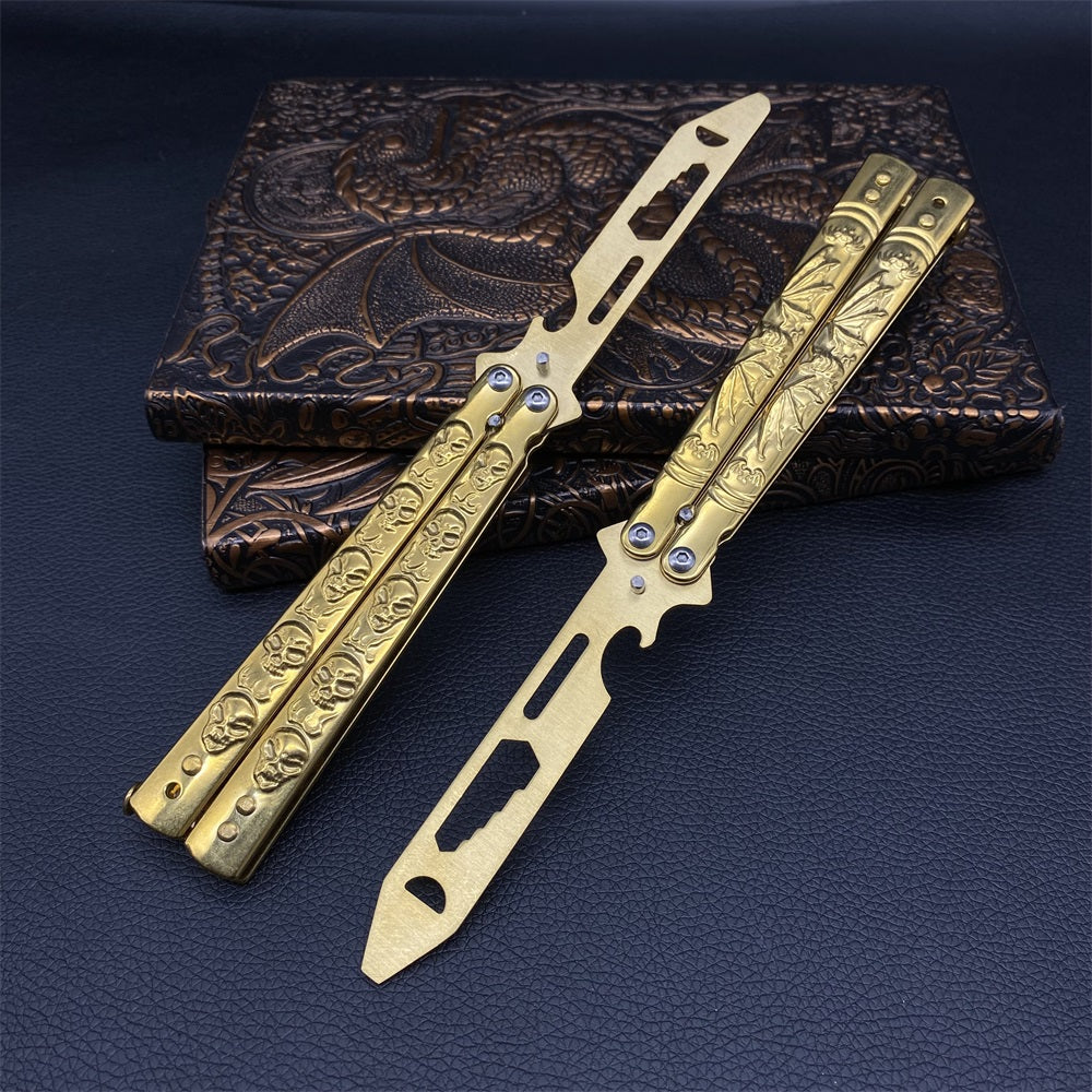 Golden Plated Sculpture 3D Skull & Bat Relief Butterfly Knife Trainer