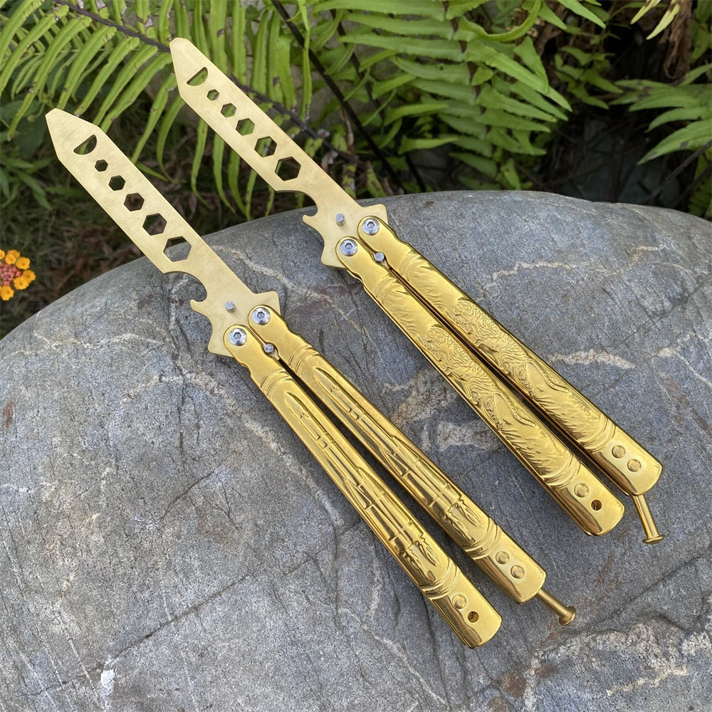Golden Plated Blunt Blade 3D Tiger Sculpture Rocket Butterfly Knife Trainer