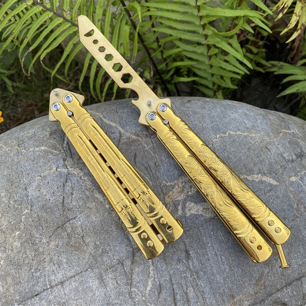 Golden Plated Blunt Blade 3D Tiger Sculpture Rocket Butterfly Knife Trainer