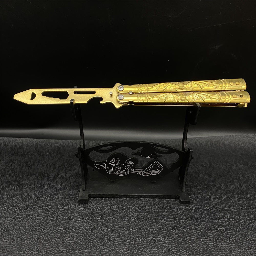 Golden Plated Sculpture 3D Skull & Bat Relief Butterfly Knife Trainer