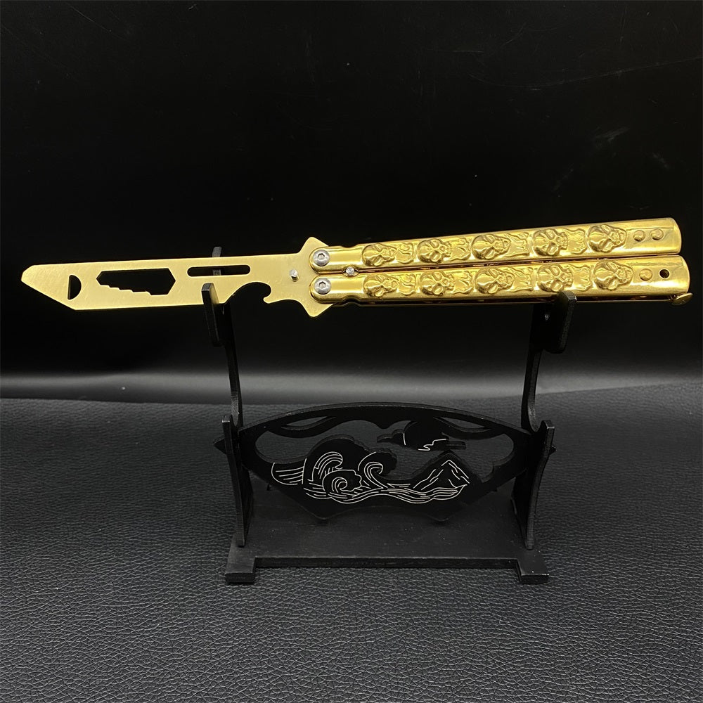 Golden Plated Sculpture 3D Skull & Bat Relief Butterfly Knife Trainer