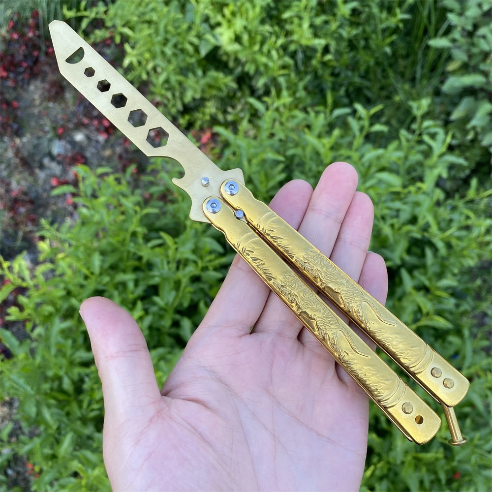 Golden Plated Blunt Blade 3D Tiger Sculpture Rocket Butterfly Knife Trainer