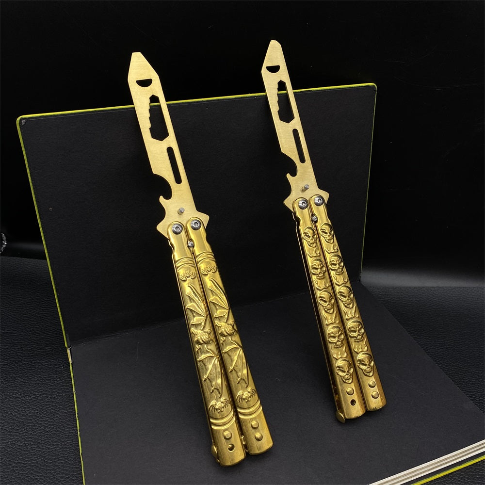 Golden Plated Sculpture 3D Skull & Bat Relief Butterfly Knife Trainer