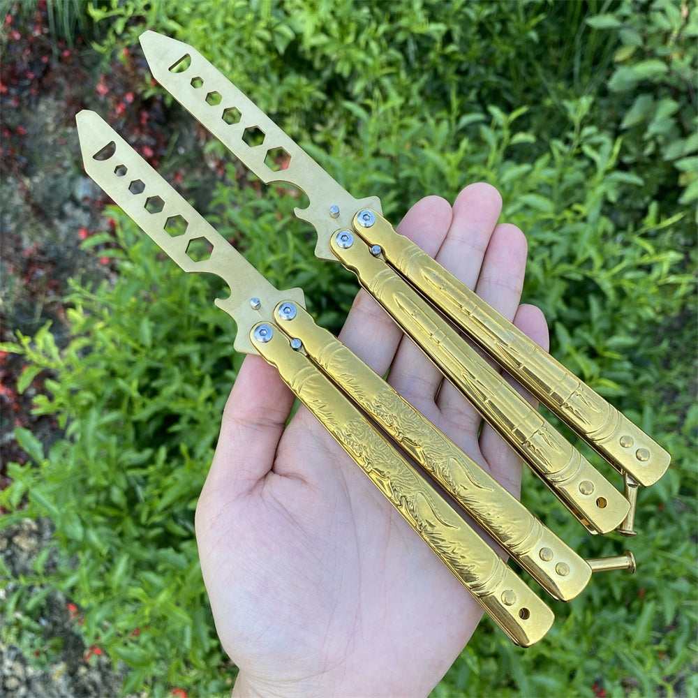 Golden Plated Blunt Blade 3D Tiger Sculpture Rocket Butterfly Knife Trainer