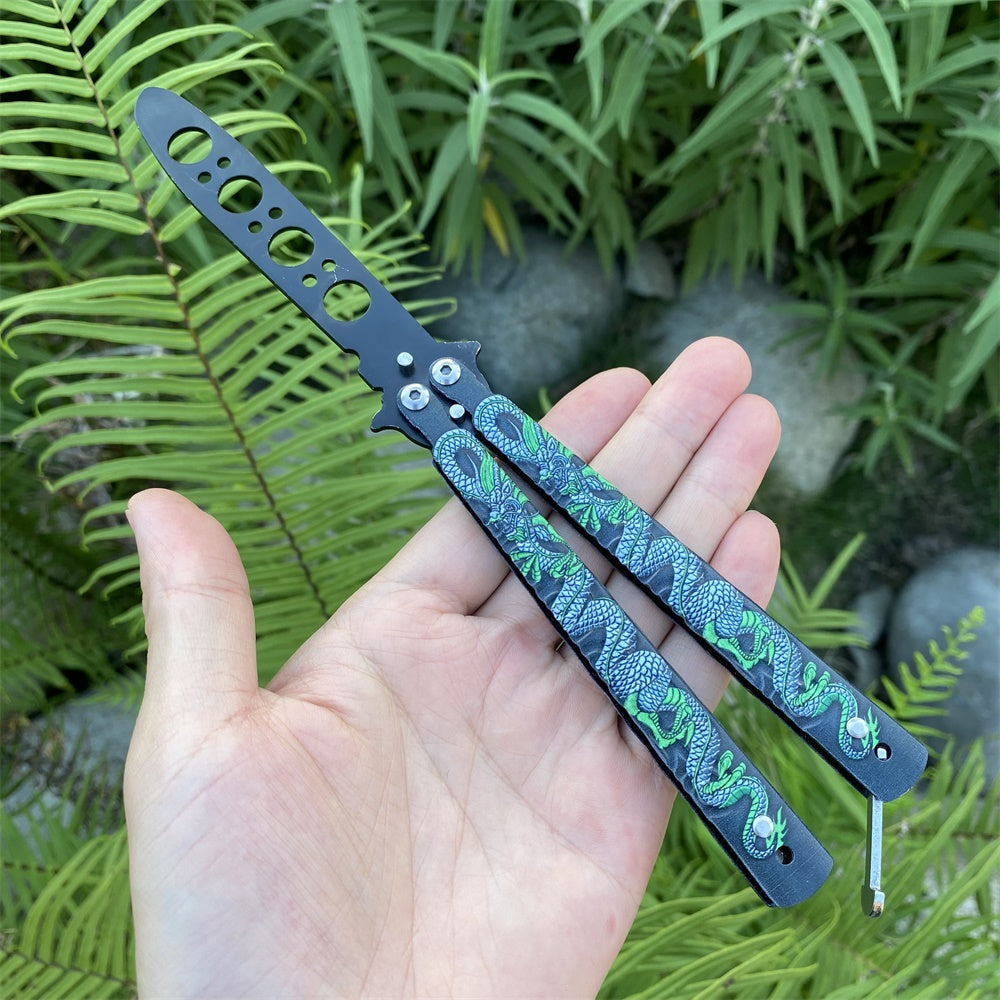 Stainless Steel Colorful 3D Dragon Sculpture Balisong Trainer Blunt Blade Butterfly Knife Trainer