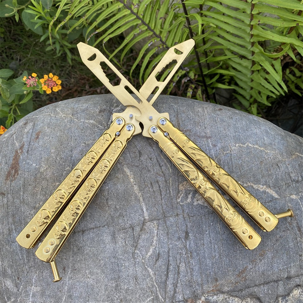 Golden Plated Sculpture 3D Skull & Bat Relief Butterfly Knife Trainer