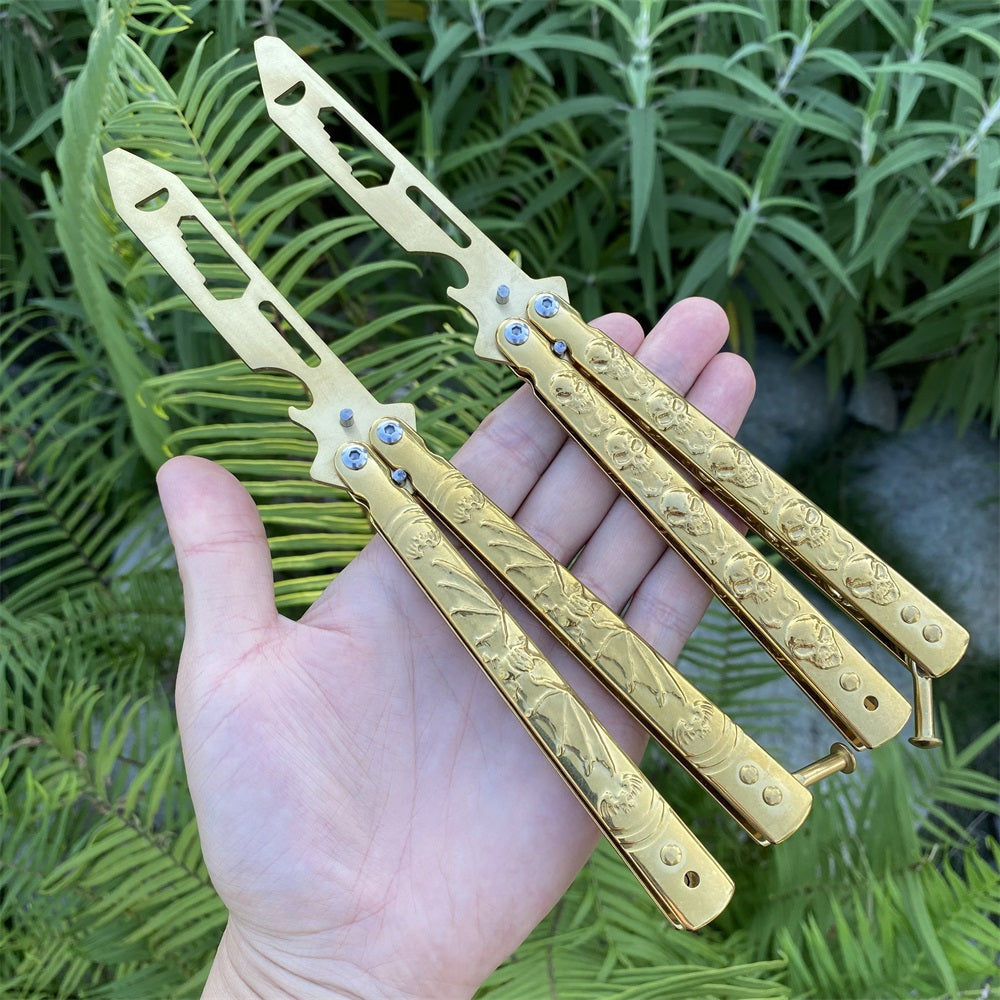 Golden Plated Sculpture 3D Skull & Bat Relief Butterfly Knife Trainer