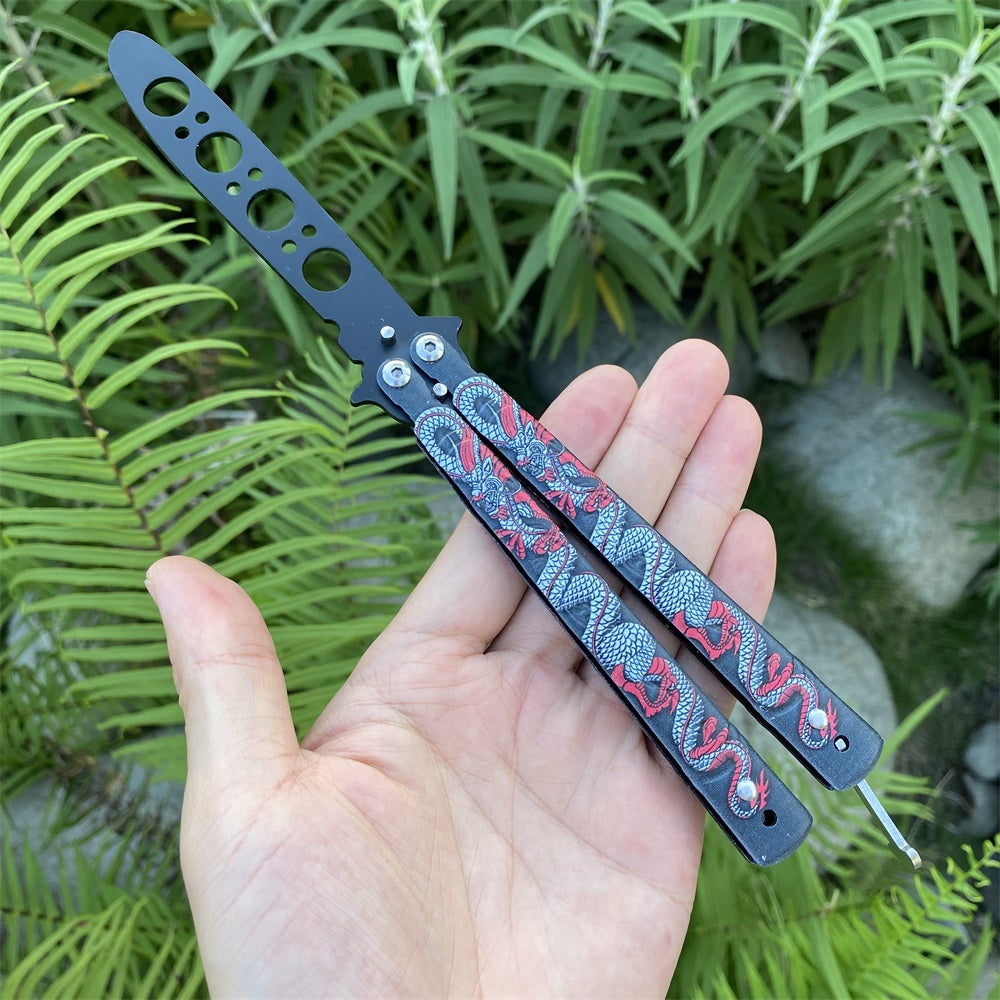 Stainless Steel Colorful 3D Dragon Sculpture Balisong Trainer Blunt Blade Butterfly Knife Trainer