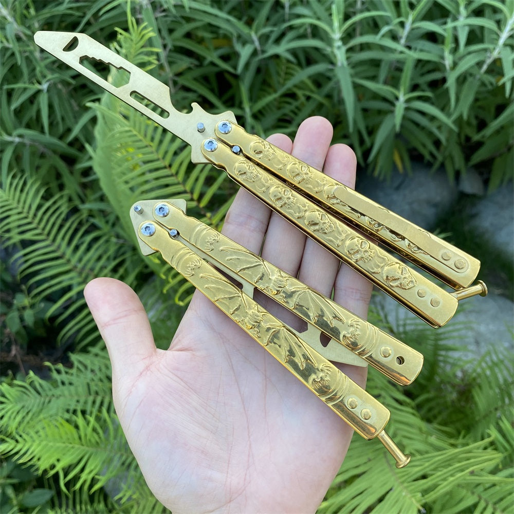 Golden Plated Sculpture 3D Skull & Bat Relief Butterfly Knife Trainer