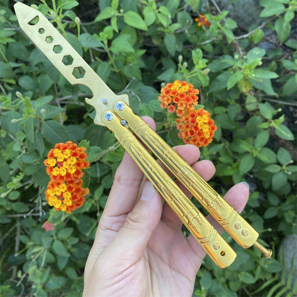 Golden Plated Blunt Blade 3D Tiger Sculpture Rocket Butterfly Knife Trainer