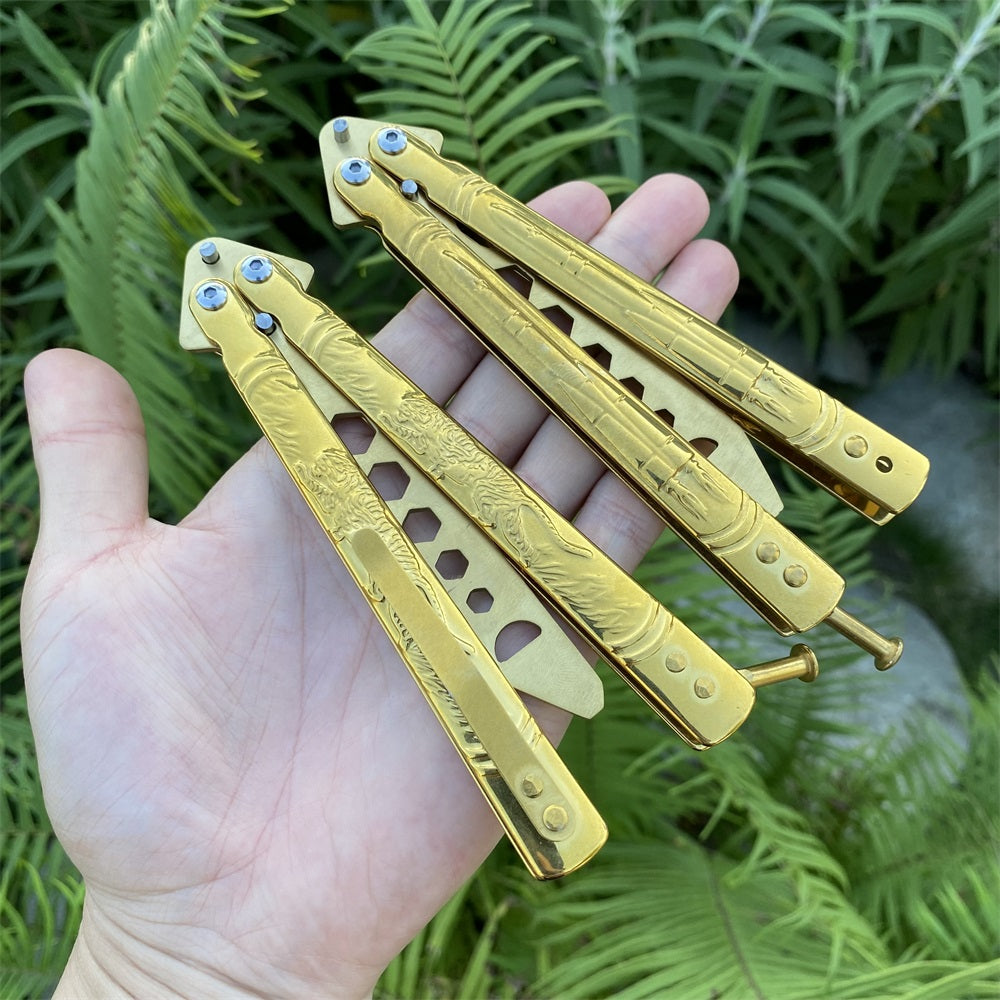 Golden Plated Blunt Blade 3D Tiger Sculpture Rocket Butterfly Knife Trainer