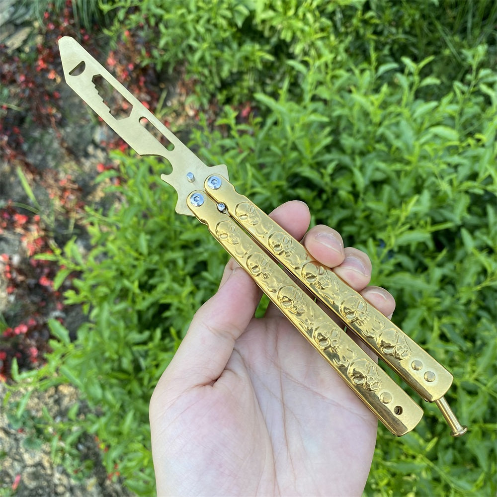 Golden Plated Sculpture 3D Skull & Bat Relief Butterfly Knife Trainer