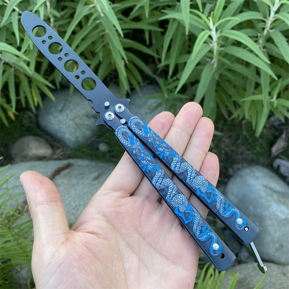 Stainless Steel Colorful 3D Dragon Sculpture Balisong Trainer Blunt Blade Butterfly Knife Trainer