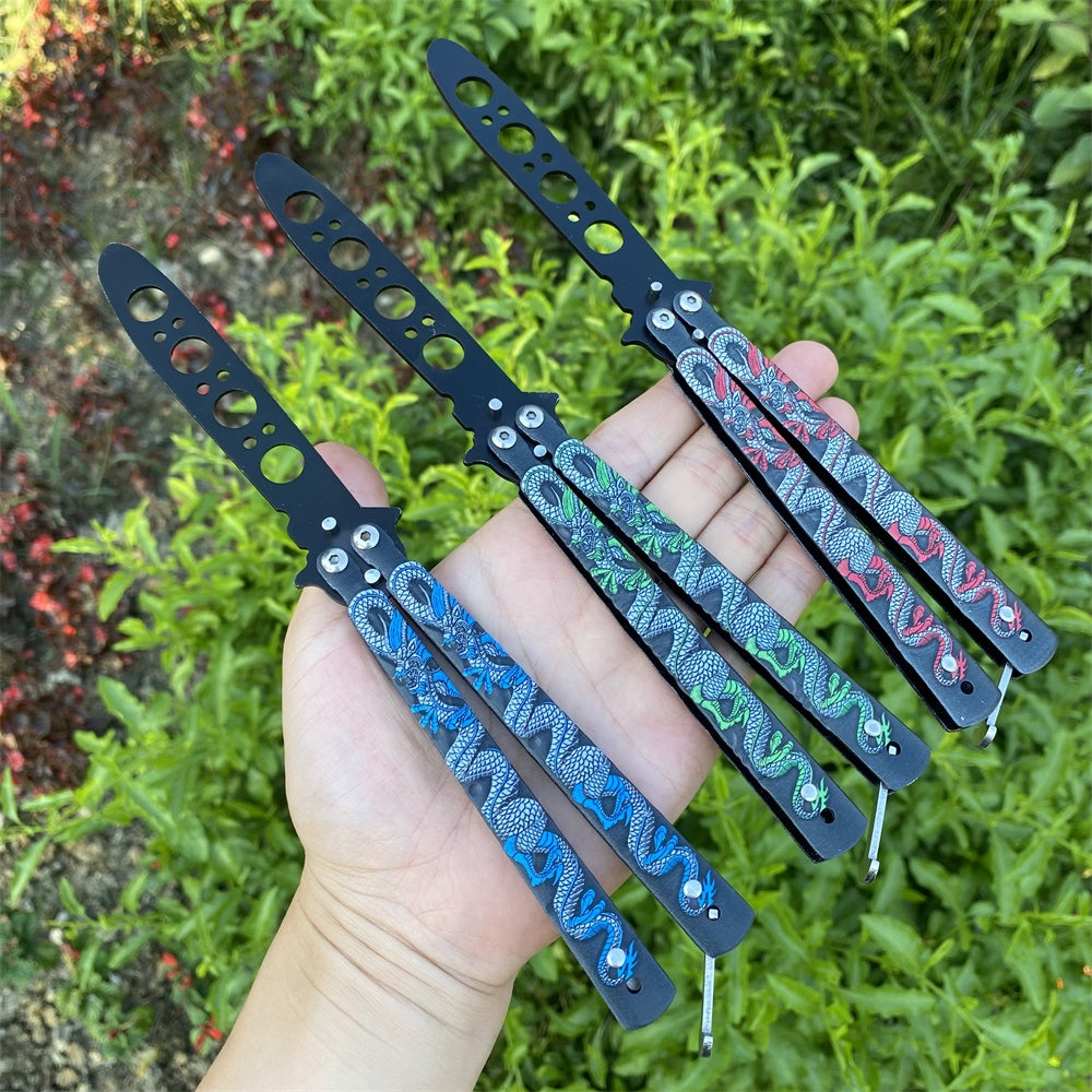 Stainless Steel Colorful 3D Dragon Sculpture Balisong Trainer Blunt Blade Butterfly Knife Trainer