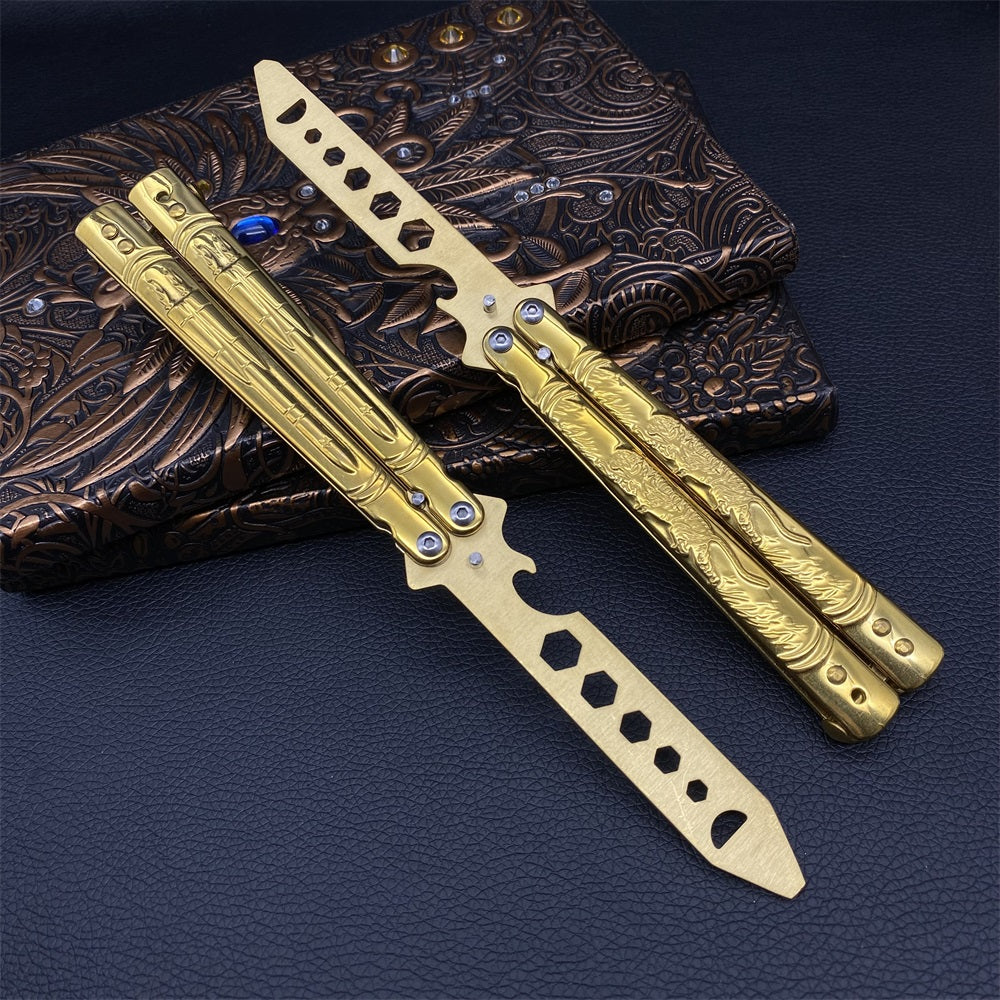 Golden Plated Blunt Blade 3D Tiger Sculpture Rocket Butterfly Knife Trainer